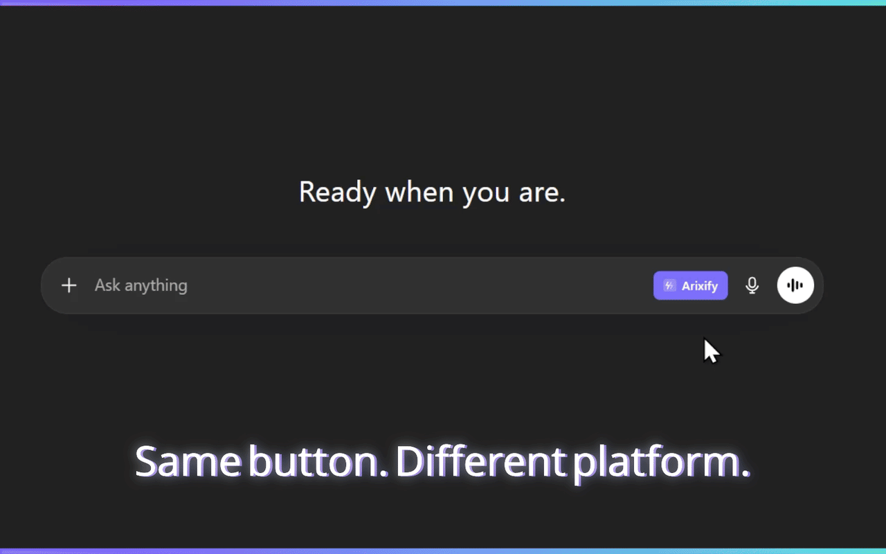 Arixify workflow: click button next to ChatGPT input, select a prompt, and it appears in the input field instantly
