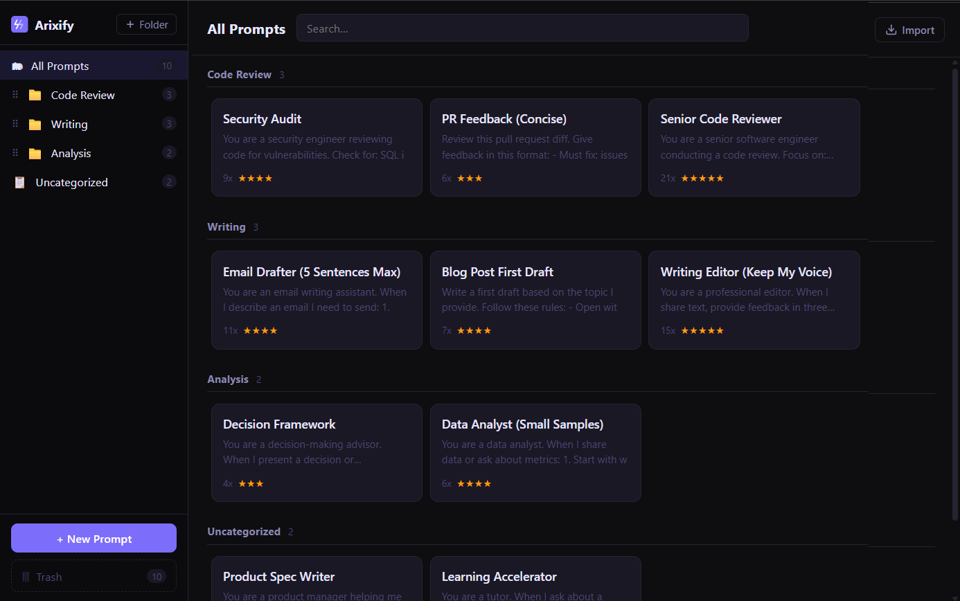 A well-organized prompt library with Code Review, Writing, and Analysis folders, usage counts, and star ratings